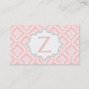 Tarjeta De Visita Monograma elegante de diseño de damasco rosa, gris