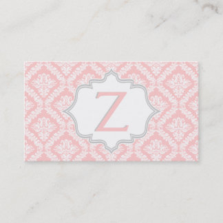 Tarjeta De Visita Monograma elegante de diseño de damasco rosa, gris