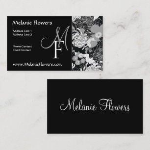 Tarjeta De Visita Monograma elegante de flores de cosecha negras y b