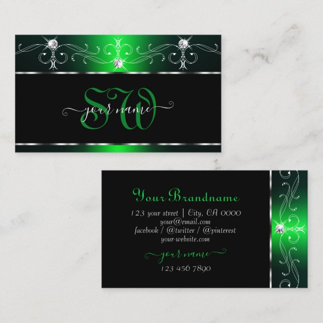 Tarjeta De Visita Monograma elegante de joyas de espuma verde negro (Anverso / Reverso)