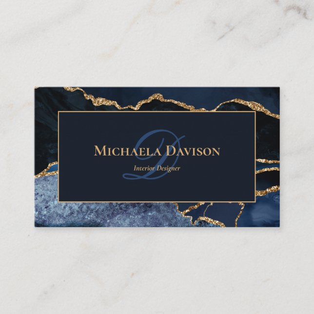 Tarjeta De Visita Monograma elegante de la Marina Blue Gold Agate (Anverso)