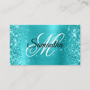Tarjeta De Visita Monograma Elegante de Papel de Estaño Turquesa Bri