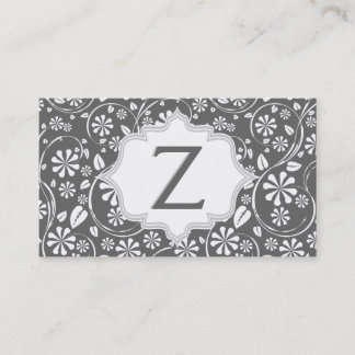 Tarjeta De Visita Monograma elegante de patrón floral blanco y gris