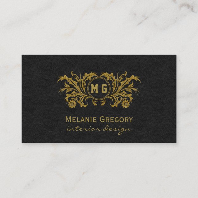Tarjeta De Visita Monograma elegante de Personalizado negro floral d (Anverso)