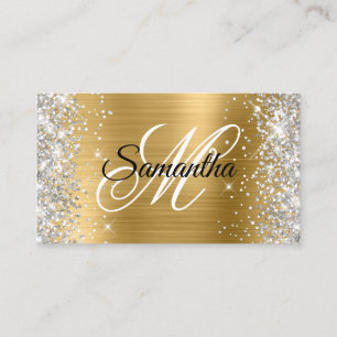 Tarjeta De Visita Monograma Elegante de Purpurina Plateada y Hoja de
