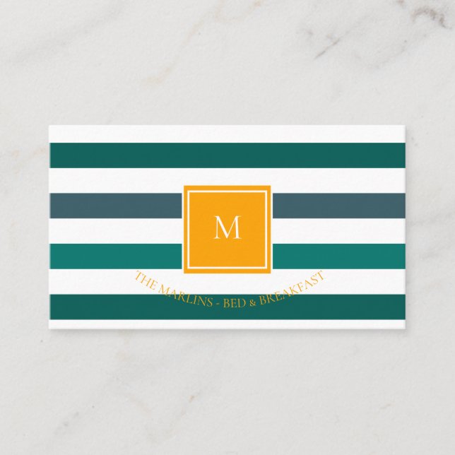 Tarjeta De Visita Monograma elegante de rayas blancas Verde azuladas (Anverso)