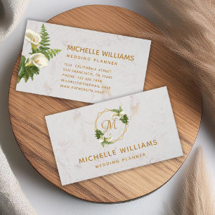 Tarjeta De Visita Monograma Elegante Floral Lirios de Calla Dorados 