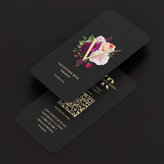 Tarjeta De Visita Monograma Elegante Inicial Rosa Floral Negro (Monogram Initial Elegant Floral Rose Black Gold Business Card
)