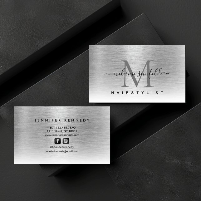 Tarjeta De Visita Monograma elegante Metalizado cepillado plateado m (Silver Brushed Metal Elegant Monogram Modern Business Card)