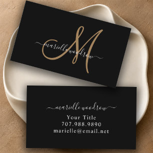 Tarjeta De Visita Monograma Elegante Negro Oro Nombre en Letra Scrip