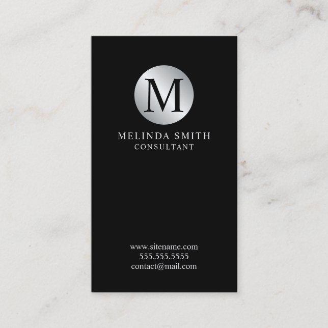 Tarjeta De Visita Monograma elegante negro y plateado (Anverso)