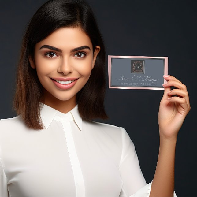 Tarjeta De Visita Monograma Elegante Nombramiento Rosa Gris Dusty Bl (Monogram Elegant Appointment Gray Rose Dusty Blue Business Card)