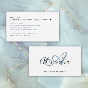 Tarjeta De Visita Monograma Elegante Nombre en Script Azul Polvo Neg