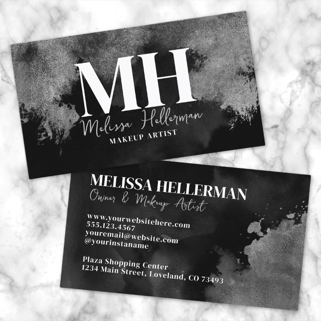 Tarjeta De Visita Monograma elegante profesional de plata negra (Modern Elegant Black Silver Monogram Business Card)