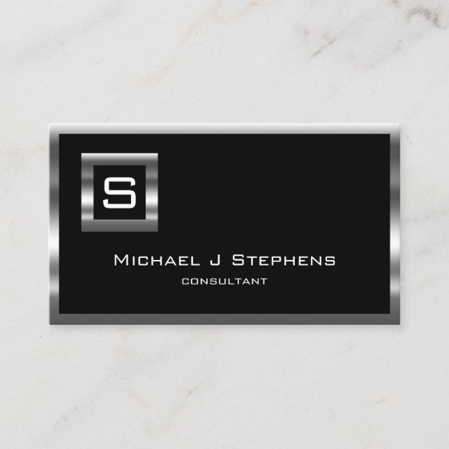 Tarjeta De Visita Monograma elegante simple negro y cromado (Anverso)