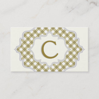 Tarjeta De Visita Monograma en un marco, verde oliva, gingham blanca