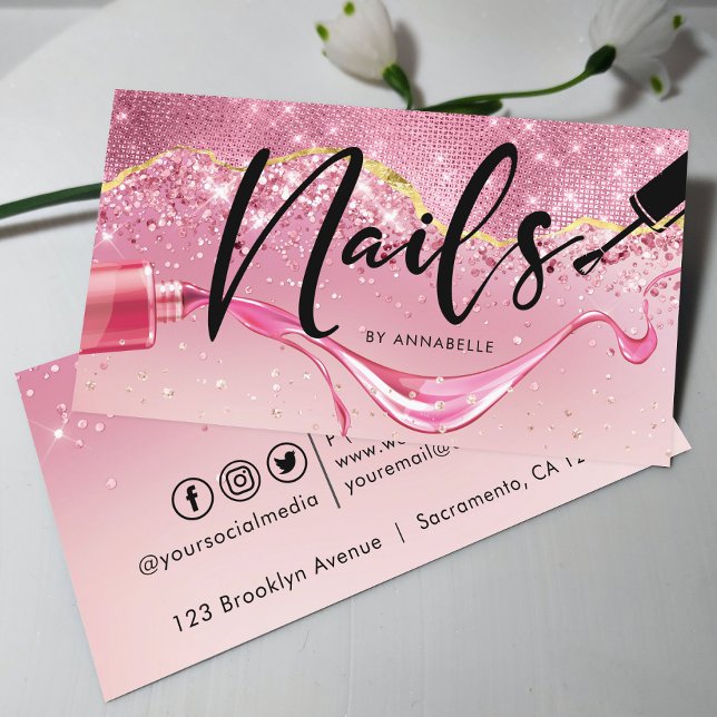 Tarjeta De Visita Monograma espumoso de uñas rosadas y doradas Rosa (Subido por el creador)