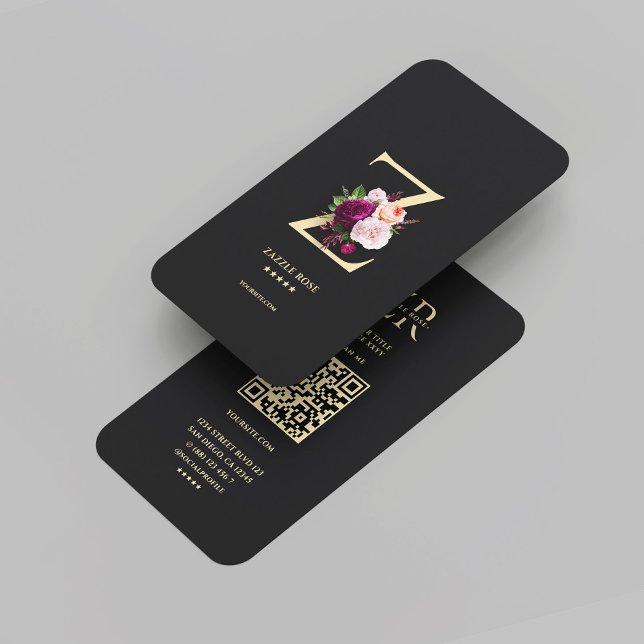 Tarjeta De Visita Monograma estético moderno Z Floral Oro negro (Modern Elegant Monogram Z Floral Black Gold Business Card
)