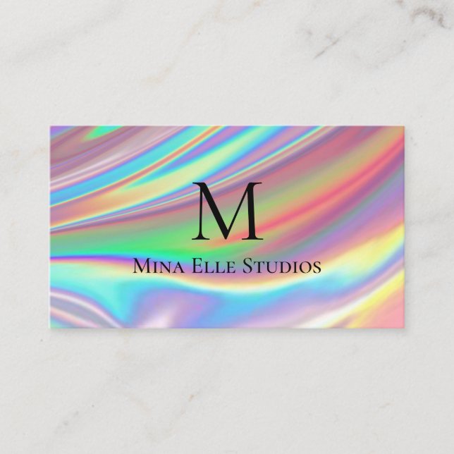 Tarjeta De Visita Monograma Faux Holographic Rainbow (Anverso)