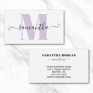 Tarjeta De Visita Monograma femenino de color morado claro y lunares