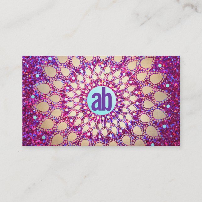 Tarjeta De Visita Monograma festivo Purpurina púrpura divertido (Anverso)