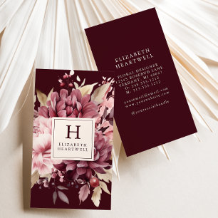 Tarjeta De Visita Monograma Floral Acuarela Burgundy Elegante