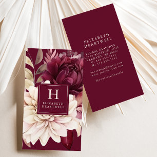 Tarjeta De Visita Monograma Floral Acuarela Marfil Burgundy Elegante