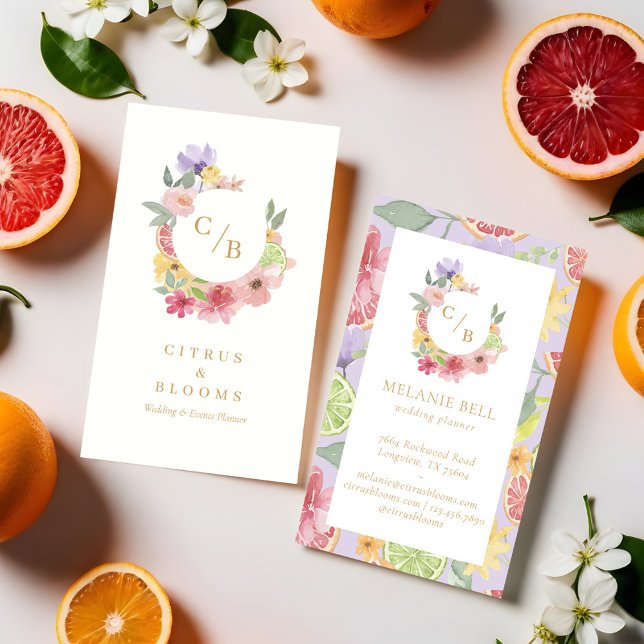 Tarjeta De Visita Monograma Floral de Acuarela de Huerto de Frutas C (Citrus Fruit Orchard Watercolor Floral Monogram Business Card (Front & Back))
