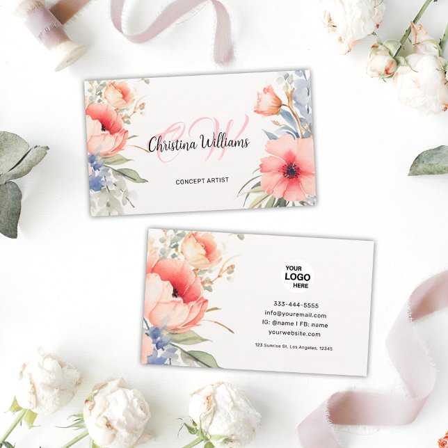 Tarjeta De Visita Monograma floral de acuarela único (Unique Watercolor Floral Monogram Business Card)