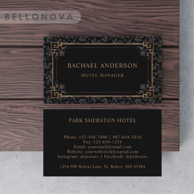 Tarjeta De Visita Monograma Floral De Color Negro Y Marrón Oro perso (Custom Black And Gold Brown Floral Monogram Business Card)