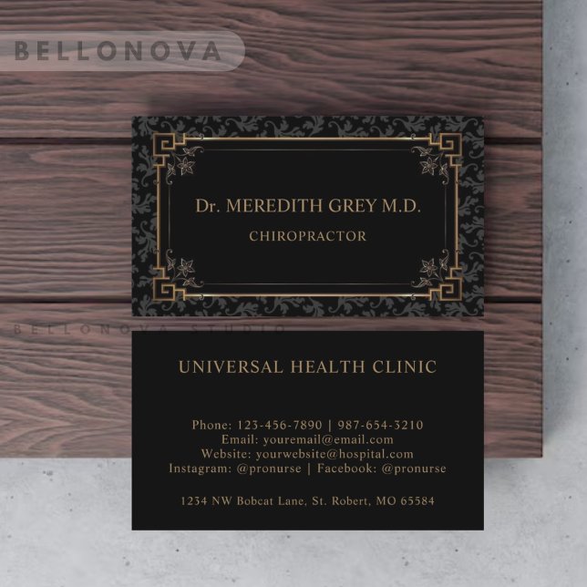 Tarjeta De Visita Monograma Floral De Color Negro Y Marrón Oro perso (Custom Black And Gold Brown Floral Monogram Business Card)