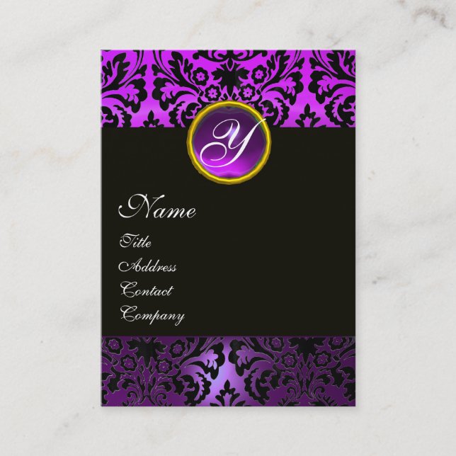 Tarjeta De Visita MONOGRAMA FLORAL DE DAMASK PURPLE NEGRO, Ametista (Anverso)