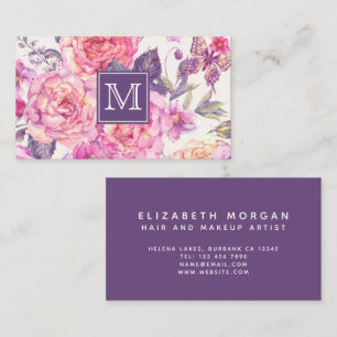 Tarjeta De Visita Monograma floral de moda   Mariposa morada