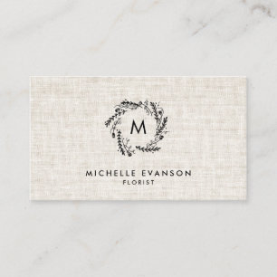 Tarjeta De Visita Monograma Floral Negra Wreath Tan Linen Florismo