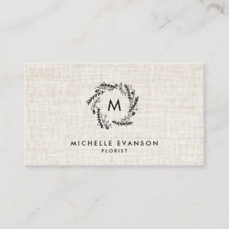 Tarjeta De Visita Monograma Floral Negra Wreath Tan Linen Florismo