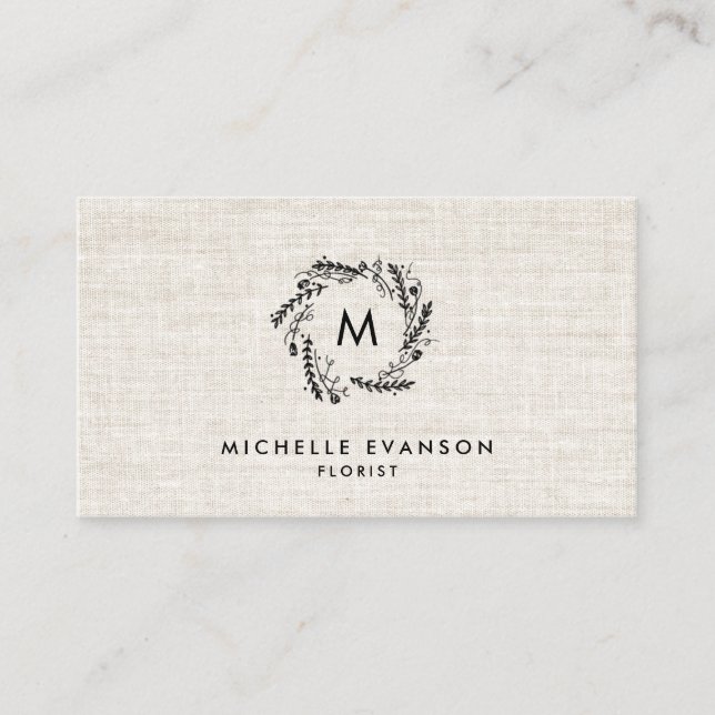 Tarjeta De Visita Monograma Floral Negra Wreath Tan Linen Florismo (Anverso)