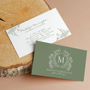 Tarjeta De Visita Monograma Floral Verde Salvia Moderno