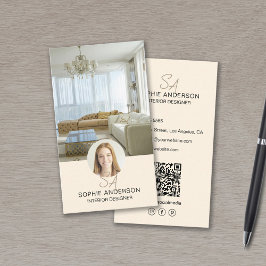 Tarjeta De Visita Monograma Foto QR Cream Interior Designer