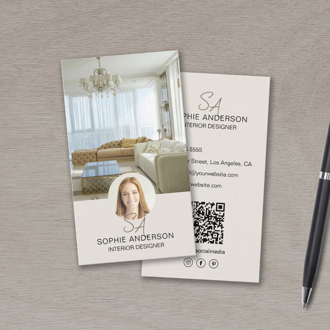 Tarjeta De Visita Monograma Foto QR Diseñador de interiores de medio (Monogram Photo QR Social Media Interior Designer Business Card)