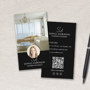 Tarjeta De Visita Monograma Foto QR Diseñador interior negro