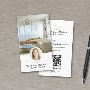 Tarjeta De Visita Monograma Foto QR Diseño interior blanco
