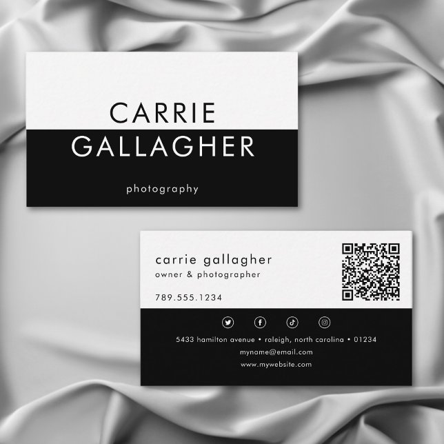 Tarjeta De Visita Monograma geométrico moderno mínimo blanco negro Q (Modern Minimal Black White Geometric Monogram QR Business Card)