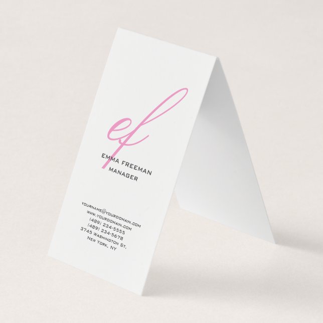 Tarjeta De Visita Monograma gigante vertical blanco rosado (Anverso)
