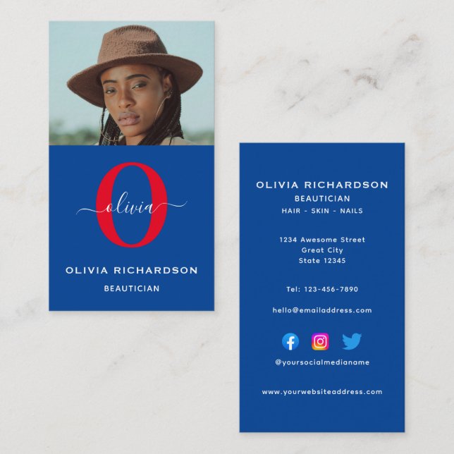 Tarjeta De Visita Monograma Giro Nombre de guión Azul Blanco Rojo (Anverso / Reverso)