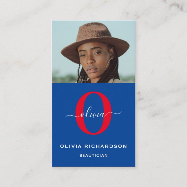 Tarjeta De Visita Monograma Giro Nombre de guión Azul Blanco Rojo (Anverso)