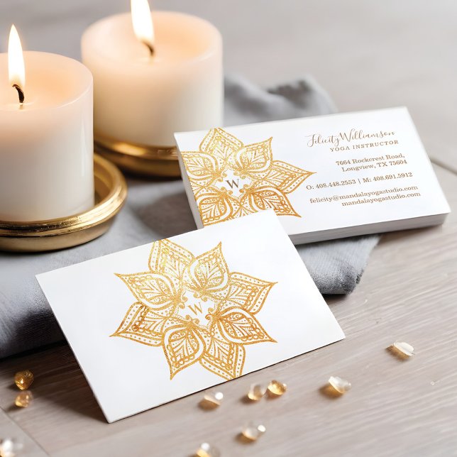 Tarjeta De Visita Monograma Gold Mandala Lotus Flower (Gold Mandala Lotus Flower Monogram Business Card)