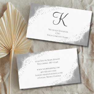 Tarjeta De Visita Monograma Gris Plateado Brillo Glam Tendencias Muj