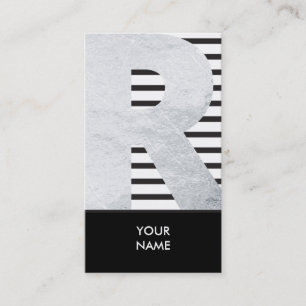 Tarjeta De Visita Monograma gris plateado "R" Bandas blancas negras