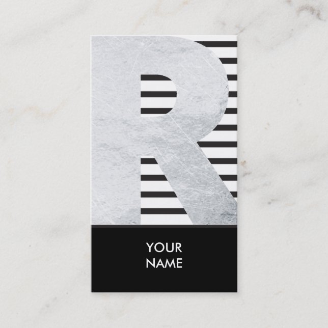 Tarjeta De Visita Monograma gris plateado "R" Bandas blancas negras (Anverso)