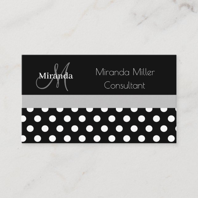 Tarjeta De Visita Monograma gris Punto de Polka Blanco Negro (Anverso)